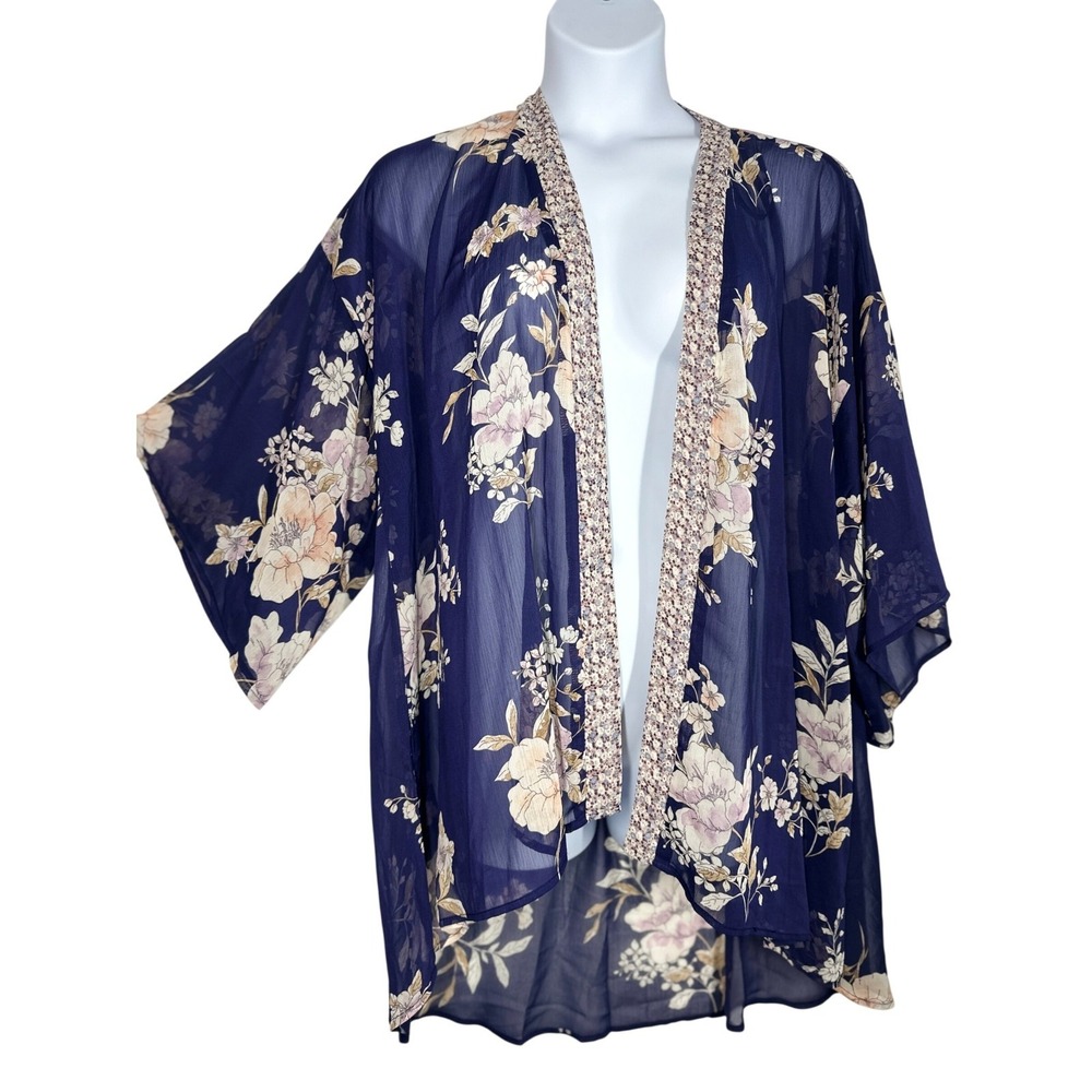 NWT Band Of Gypsies Navy Floral Boho Kimono Cover Up Sz: M/L Duster